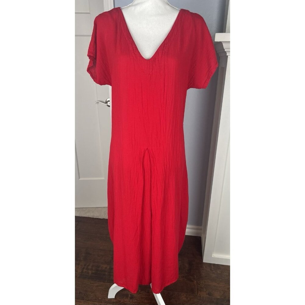 Oh My Gauze! Red Natalie Ballon Pleated Midi Dress Size 1 Coastal Casual